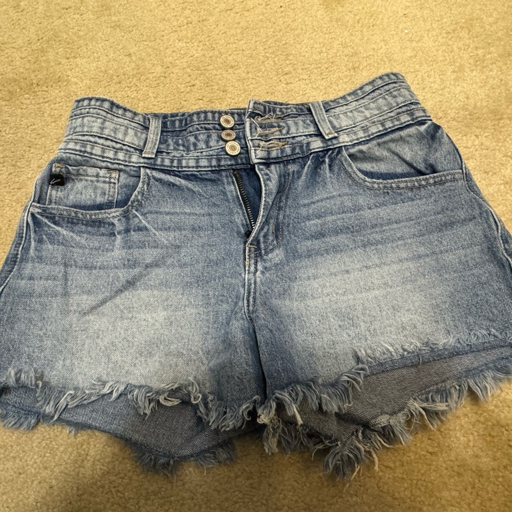 KanCan Blue High-Waisted Jean Shorts with Frayed Hem